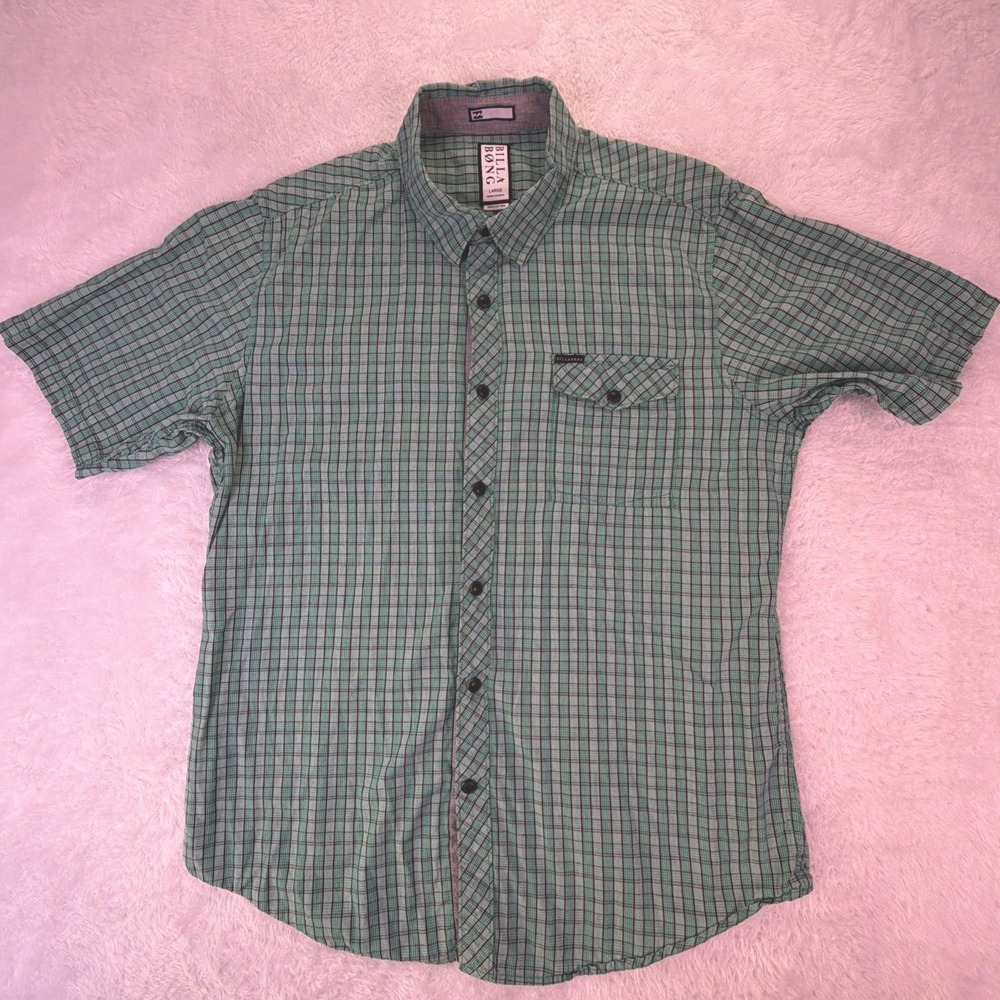 Billabong‎ Short Sleeve Button-Up Shirt Green Gray Plaid Lightweight Mens Large